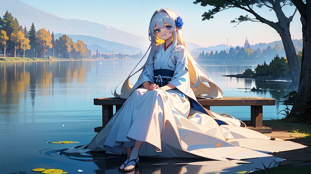 ((best quality,masterpiece,Extremely complex and exquisite details,There is only one sweet and beautiful girl with long white straight hair and blue eyes,Smile,long skirt)),(Exquisite light blue and white Japanese clothing,Beautiful bright and exquisite snow white ancient style high transparent architectural background),(correct anatomy,exquisite face),(touch flowers,Snow,Falling Flowers,Majestic and elegant outdoors),((Long-distance full body picture of a single person,Sitting by the lake)),sweet atmosphere