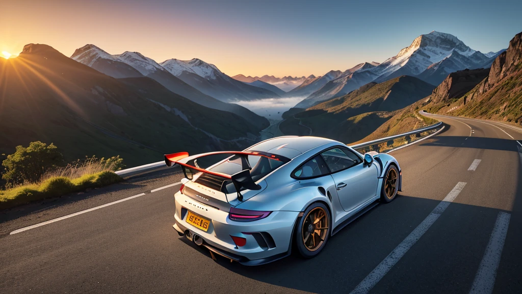 Create a stunning visual of a Porsche 992 GT3 RS racing through a winding mountain road at sunrise. The car is sleek and vibrant, with a distinctive racing livery that enhances its aggressive lines. The background features a scenic landscape with mist-covered mountains and a golden sunrise casting warm hues across the sky.