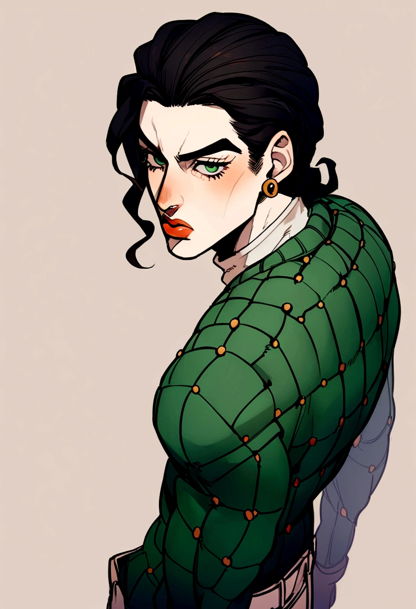 Jojo's Bizarre Adventure style, A person in their 20s, jojo detailed features, above all, greeneyes, posando, dark hair, 2d, アニメ