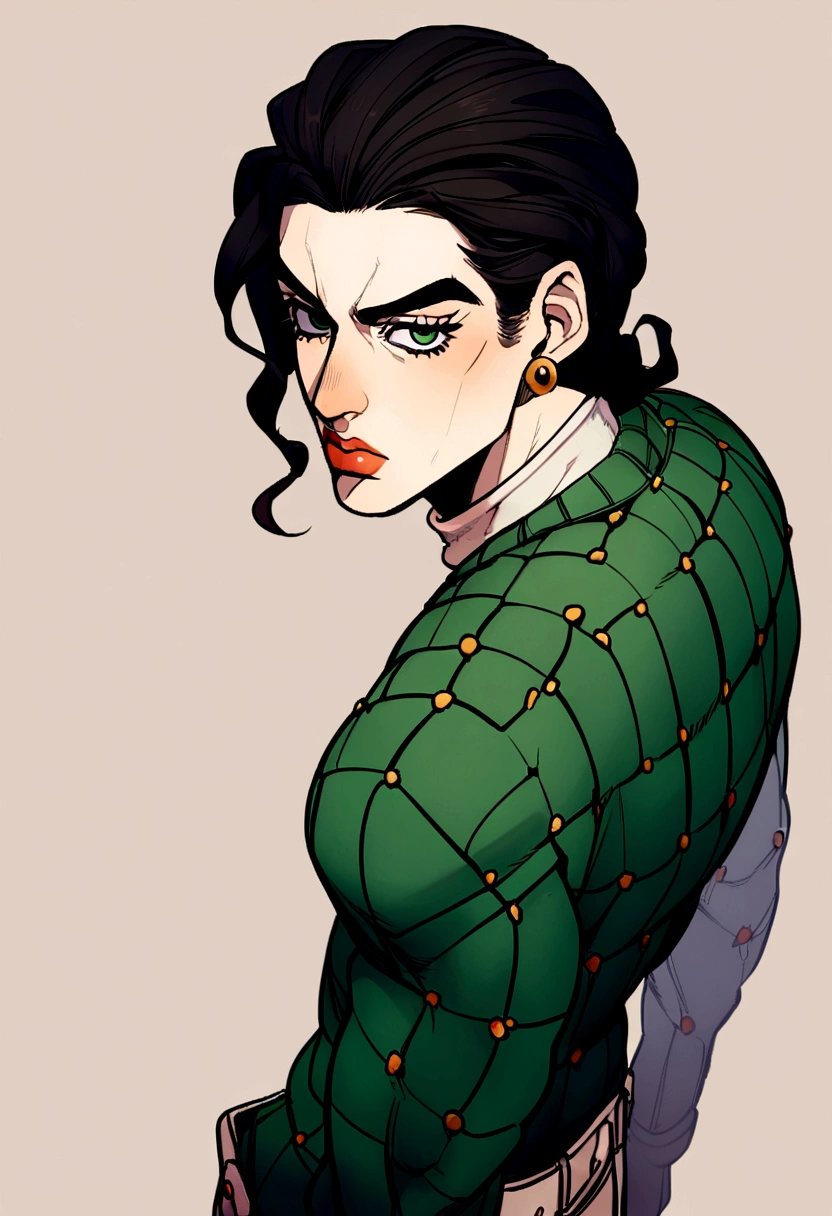 Jojo&#39;s Bizarre Adventure style, A person in their 20s, jojo detailed features, above all, greeneyes, posando, dark hair, 2d, アニメ
