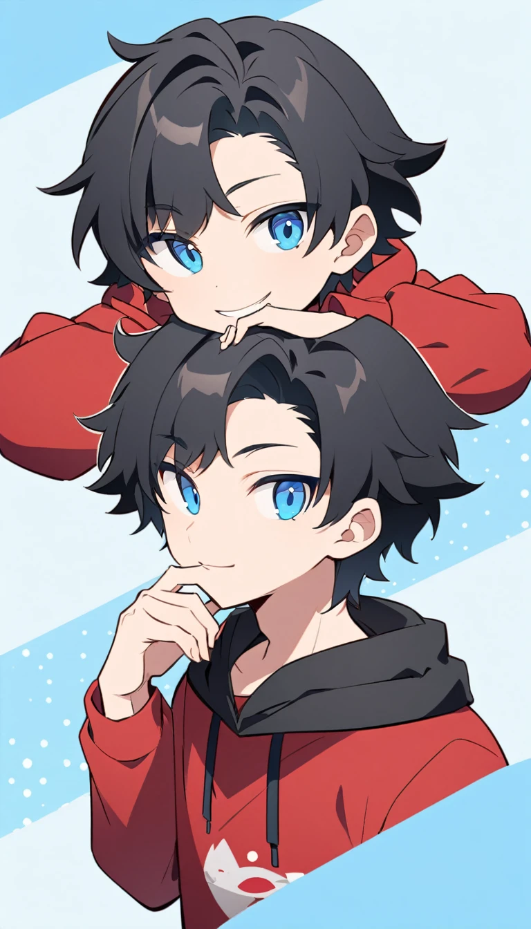 Create an anime style illustration. The character is in chibi style. The character is a young man with short black hair and blue eyes. He is wearing a red hoodie with a black hood. The character has a slightly mischievous expression. He is smiling with one corner of his mouth turned up. The background is a simple light blue color. Two-headed.　One person