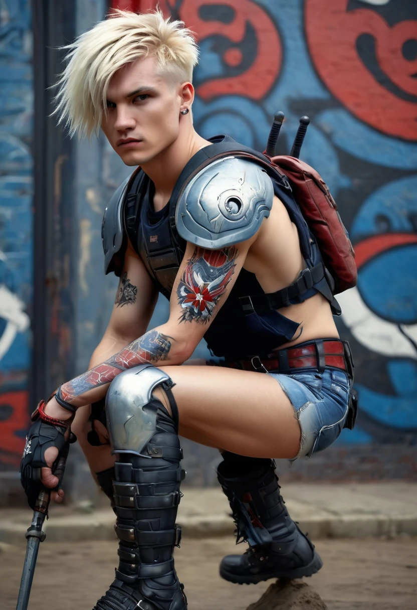 Ultra-realistic CG K ,((premium、8k、32k、Masterpiece、NFFSW:1.3)), (superfine illustration)、(super high resolution), (((standing adult body, dynamic and fun pose:1.3))), (((1 muscular young man:1.5))), (((modern short hair:1.5 ))), 25 year old cyberpunk gladiator with perfect body, Shoulder pads with metal spikes., Gladiadores in Brooklyn, Torn rugby team t-shirt, in the wild urban style of Simon Bisley, short blonde hair, Metallic protection on the left arm with complex graphics...., Dark red with white stars and blue and white stripes., armor, Full of spikes and rivets., poison tattoo (((Image from the knee up))), short white blonde hair, In the background、 There is a wall with an intricate design painted by Shepard Fairey....