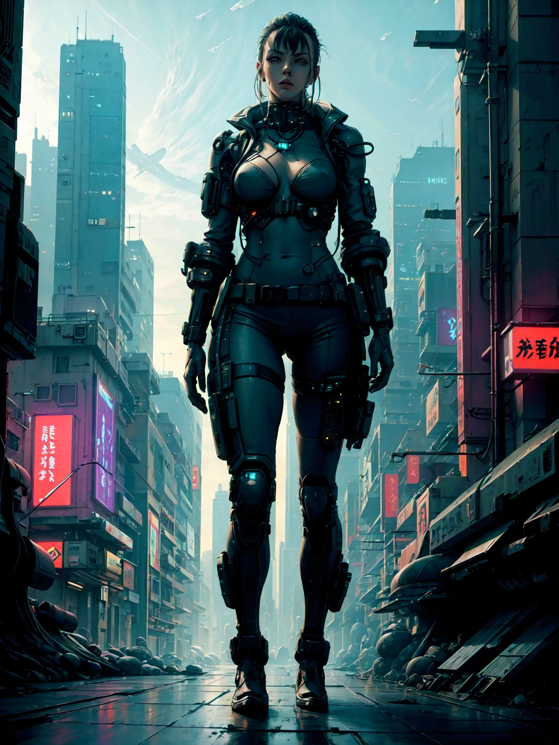 a detailed cyberpunk scene of humans colonizing a futuristic alien planet, highly detailed characters with enhanced cybernetic features, advanced technology, neon-lit skyscrapers, floating vehicles, extraterrestrial landscapes, dramatic lighting, vibrant colors, cinematic composition, photorealistic, 8k, masterpiece