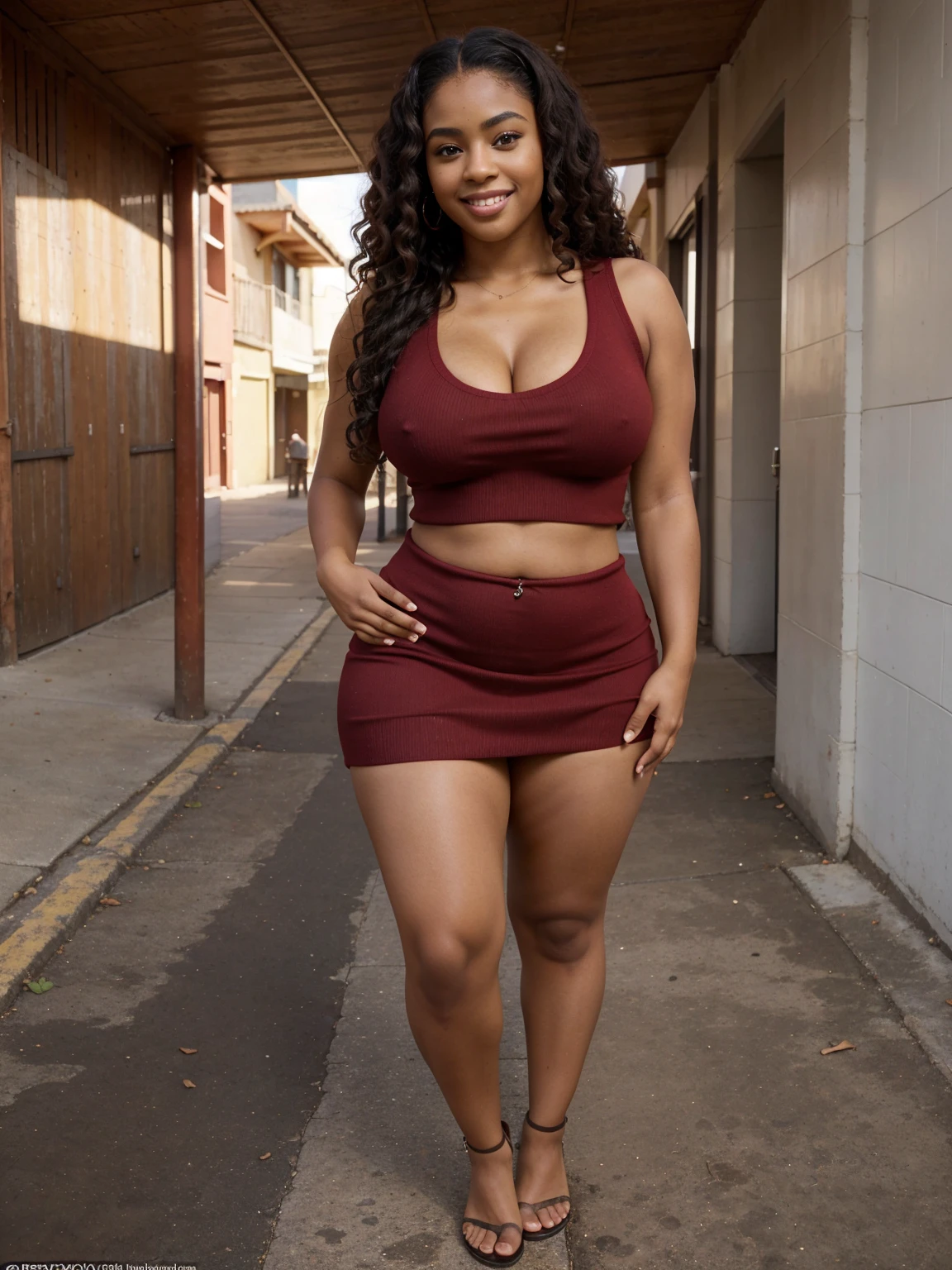 full body on foot, up and down, red skirt, sweater red, alone, smiling black woman, curly hair,curlys, street of bamaga australia, young goddess, gorgeous black lady, gorgeous black woman, gorgeous female, light skin, beautiful goddess, 24 years old, beautiful eyebrows, brown eyes, very beautiful, fitness body, very attractive, dear, very sweet, beautiful, beautiful model posing, long hair, hourglass waist, wide legs, medium breasts, big buttocks, alone, curvy figure, beautiful thick, thick body, wide hips, thicc, curvy model, curvy accentuated booty, curvy body, skinny waist and thick hips