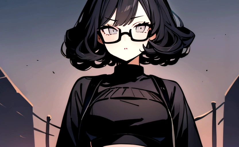 (masterpiece, best quality:1.2), 1girl, solo, curly black hair, white eyes, square glasses, black turtleneck crop top, black shorts, combat boots