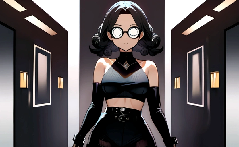 (masterpiece, best quality:1.2), 1girl, solo, curly black hair, white eyes, square glasses, black turtleneck crop top, black shorts, combat boots