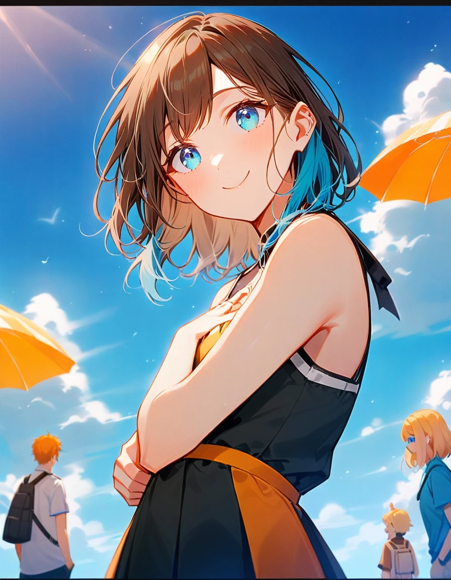 Whole body expression、1 girl、blue eyes、blue sky景色、bright、blue sky、cloud、sunny、youth、Blue and white main color、A little orange color、Solo Focus、cool、love affair、accessories、smile、Beautiful hairstyle、綺麗なblue eyes、Tsundere、There is no one around、Hair color: brown or black