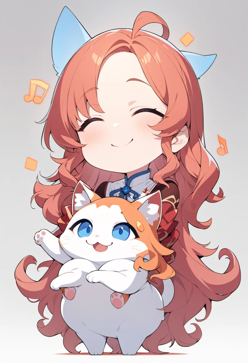 (Red Cliff, Big Head, whole body, Super deformed), best quality, very good, 16K, Ridiculous, Extremely detailed, 2.5D, Delicate and dynamic depiction, Cute girl, Smile, Orange Messy Wavy Hair, Ahog, Holding a fluffy blue and white cat in his arms, Dancing note effect, Soft and solid background, portrait