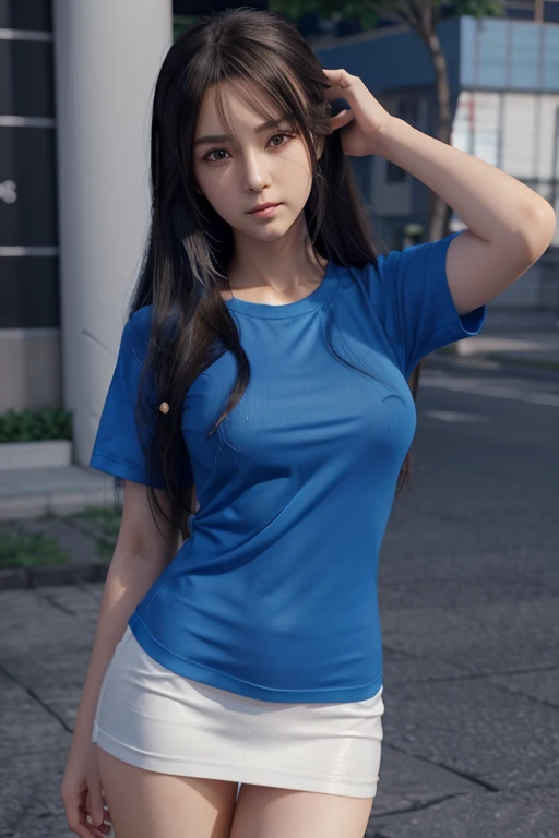 Anime girl with long hair and blue shirt posing for a photo, realistic anime 3D style, 3D anime realistic, photorealistic anime, photorealistic anime girl render, Sleek anime CG art, anime styled 3d, realistic anime style, anime style realism, anime style. 8 k, Realistic teen anime girl, render of a cute 3D anime girl