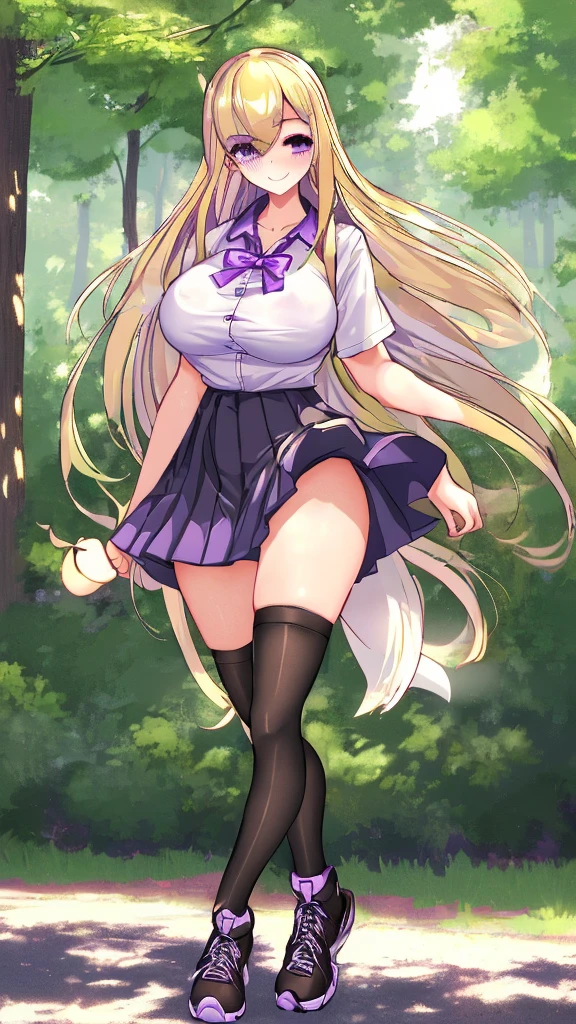 ((Best Quality)), ((Masterpiece)), (detailed), 1 girl, white button-down t-shirt, purple skirt, high brown stockings, black high-heeled sneakers, Pastel yellow hair, long hair, hair covers one eye, purple eyes, tight, big breasts, big thighs, expression smiling shy, walking in a park
