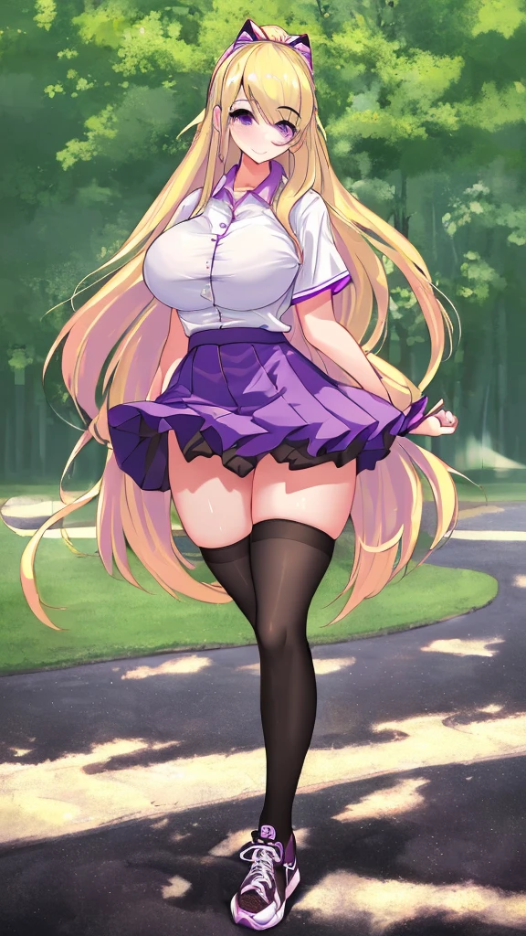 ((Best Quality)), ((Masterpiece)), (detailed), 1 girl, white button-down t-shirt, purple skirt, high brown stockings, black high-heeled sneakers, Pastel yellow hair, long hair, hair covers one eye, purple eyes, tight, big breasts, big thighs, expression smiling shy, walking in a park