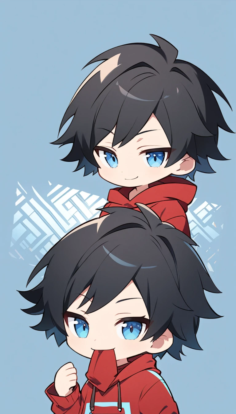 Create an anime style illustration. The character is in chibi style. The character is a young man with short black hair and blue eyes. He is wearing a red hoodie with a black hood. The character has a slightly mischievous expression. He is smiling with one corner of his mouth turned up. The background is a simple light blue color. Two-headed. One person
