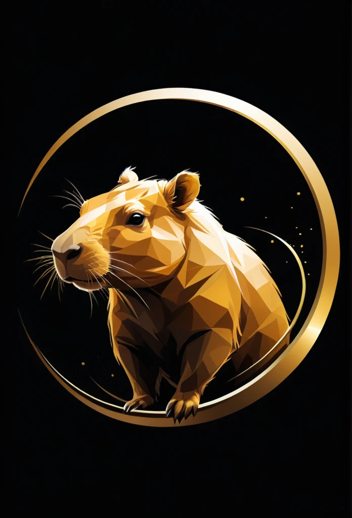 ((Priment in maximum resolution of 32K, minimalist 2D style, emphasizing clean lines and clear shapes. High-quality graphic design, with intricate and improved details)). | The logo is a silhouette of a golden capybara, representing a Counter-Strike e-sports team. The capybara is in a posture that conveys aggressiveness and versatility, with a fierce and determined expression. The lines of the silhouette are elegant and dynamic, capturing the essence of the animal in motion. | The golden color is used in a rich and vibrant way, highlighting the capybara against a simple and dark background. Small details, such as subtle textures and light enhancements, are added to give depth and sophistication to the silhouette. | The design includes minimalist geometric elements that complement the shape of the capybara, creating a harmonious visual balance. Highlight lines and shading are used to emphasize the musculature and contours of the capybara, giving a three-dimensional aspect to the logo. | The composition is centered, with the capybara positioned dominantly on the logo, transmitting a sense of power and presence. The use of negative space is strategic, allowing the design to breathe and maintaining visual clarity. | The color palette is restricted, focusing mainly on gold and black, but with subtle nuances that add depth and interest. The lines and details are sharp, ensuring that the logo is readable and impactful in any size. | The logo captures the aggressiveness and versatility of a Counter-Strike e-sports team, symbolizing strength, intelligence and competitiveness. The minimalist aesthetic ensures a modern and timeless design, suitable for use on various platforms and media.