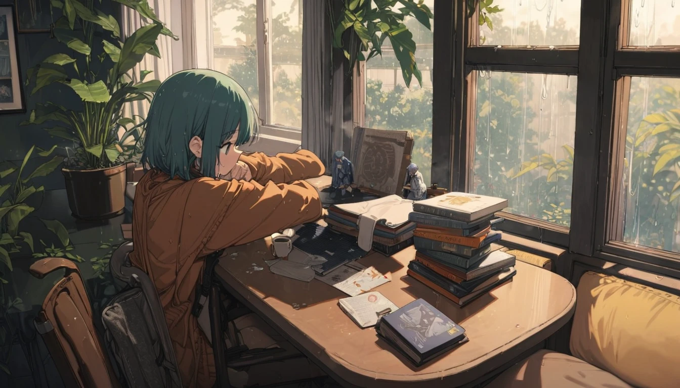 ((anime:1.4,figure)),(masterpiece, Highest quality, Highest quality),(Super detailed, The absolute solution),((16K, High resolution)), (((Cozy café interior, Wet day, Comfortable chair, Book, soft, Large window with raindrops, A cup of steaming coffee on a table, Warm indirect lighting creates a calm atmosphere))), ((anime:1.4, figure)),(masterpiece, Highest quality, Highest quality),(Super detailed, The absolute solution),((16K, High resolution)) break {Lofi Art, Laurie Griesley's style, Makoto Shinkai's Style, anime aesthetic}, break { (Generates images with over 40 million pixels of information with the detailed texture of films shot with Sony SLR cameras。).}