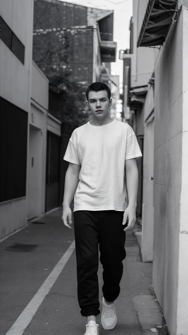 Generate an image in cinematic black and white, a young guy wearing a white oversize tee shirt in a open endlessly street, full body, Include a textured on the wall in the background. photograohic illumination, image in 4k resolution, dragan effect face