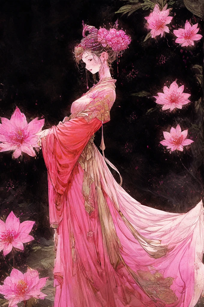 A woman , white dress, standing, with pink flowers in her hair, standing sideways, half-length, close-up, 、ピンク、flower、rose、タロットカード
