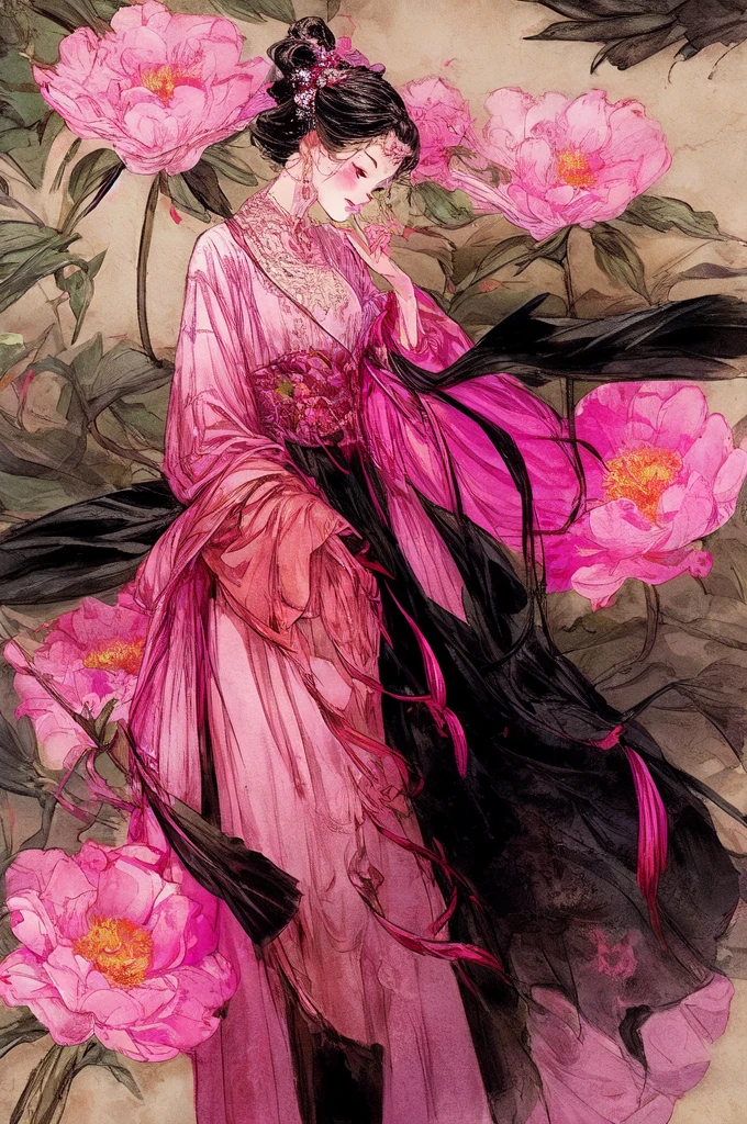 A woman , white   dress, standing, with pink flowers in her hair, standing sideways, half-length, close-up, 、ピンク、flower、rose、タロットカード