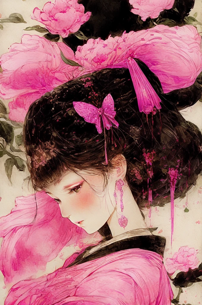A woman , white dress, standing, with pink flowers in her hair, standing sideways, half-length, close-up, 、ピンク、flower、rose、タロットカード
