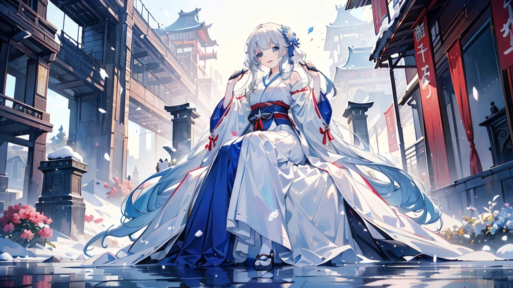 ((best quality，masterpiece，Extremely complex and exquisite details，There is only one sweet and beautiful girl with long white straight hair and blue eyes，Smile，long skirt))，(Exquisite light blue and white Japanese clothing，Beautiful bright and exquisite snow white ancient style high transparent architectural background)，(correct anatomy，exquisite face)，(touch flowers，Snow，Falling Flowers，Majestic and elegant outdoors)，((Long-distance full body picture of a single person，sitting))，sweet atmosphere