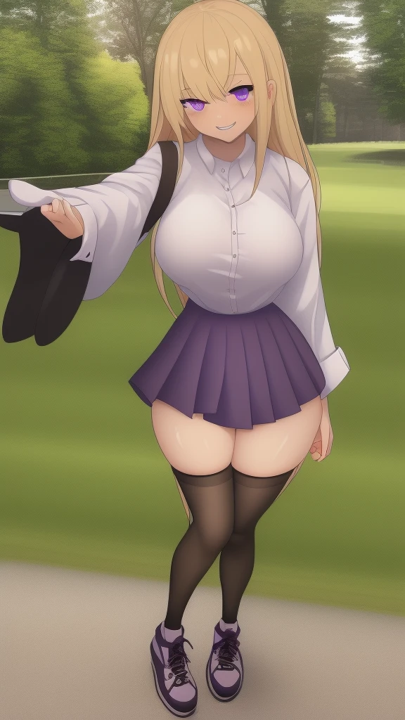 ((Best Quality)), ((Masterpiece)), (detailed), 1 girl, white button-down t-shirt, purple skirt, high brown stockings, black high-heeled sneakers, Pastel yellow hair, long hair, hair covers one eye, purple eyes, tight, big breasts, big thighs, expression smiling shy, walking in a park
