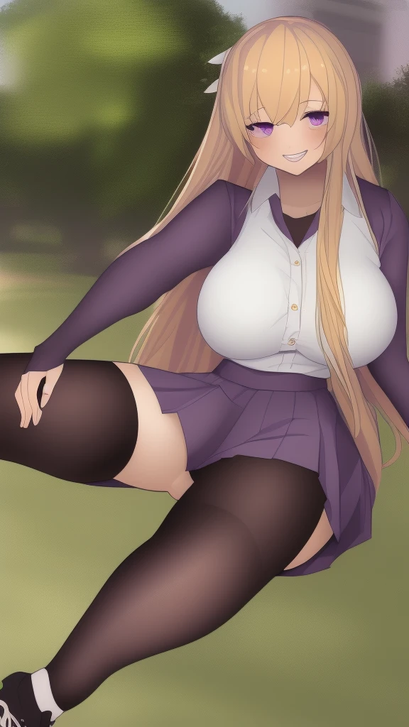 ((Best Quality)), ((Masterpiece)), (detailed), 1 girl, white button-down t-shirt, purple skirt, high brown stockings, black high-heeled sneakers, Pastel yellow hair, long hair, hair covers one eye, purple eyes, tight, big breasts, big thighs, expression smiling shy, walking in a park