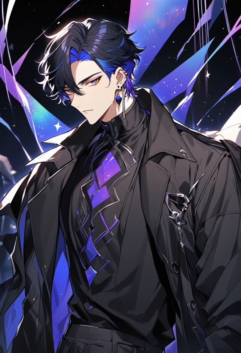 a handsome young man, he wears galaxy colored earrings, wolf style haircut, he looks so mysterious, He was dressed in a black shirt with his black coat hanging over his shoulder. Manhwa style.
