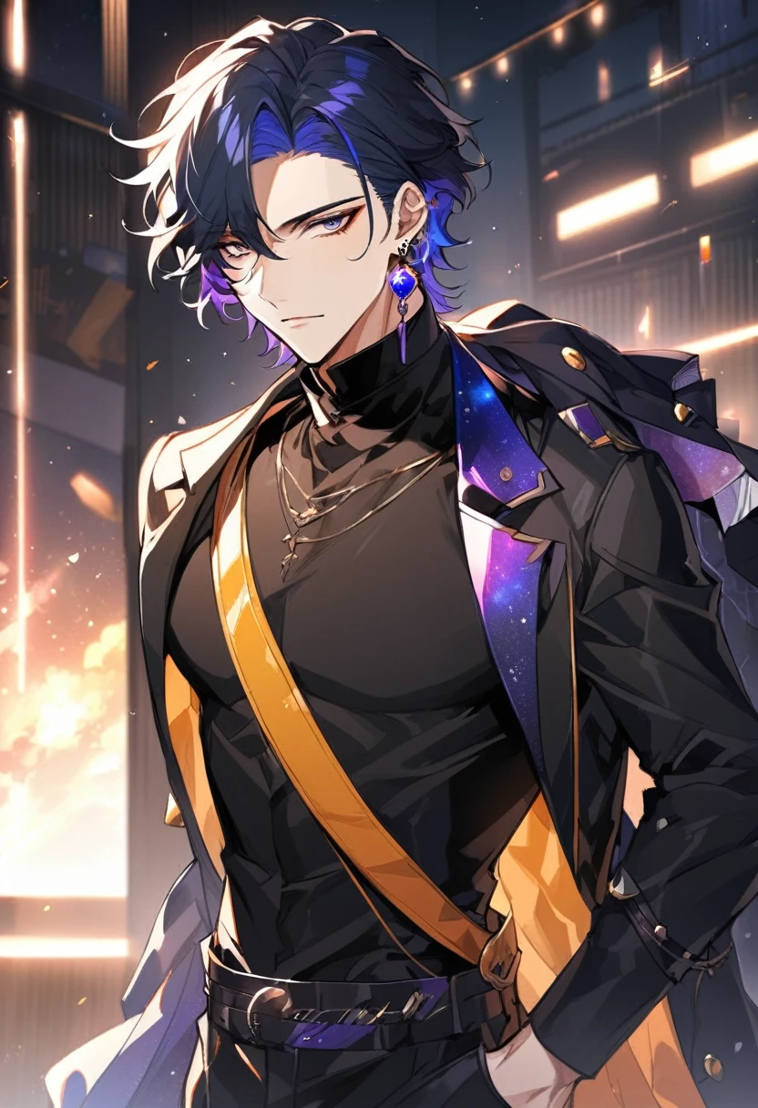 a handsome young man, he wears galaxy colored earrings, wolf style haircut, he looks so mysterious, He was dressed in a black shirt with his black coat hanging over his shoulder. Manhwa style.  