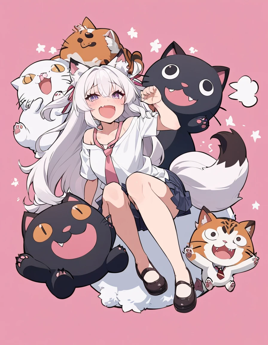 Anime masterpiece, one beautiful catgirl ((neko ears))with long white hair wearing a school dress with big plush cat paw. The girl have loose shirt with loose long necktie, off-shoulder shirts, and cute mini skirt and a fox tail.
She have cute face neko details, a roaring smile, and is in a playful playing pose with cat-like roaring with a pow higher than the other one. The scene in anime style, with pink flat background. Nearly Full body composition