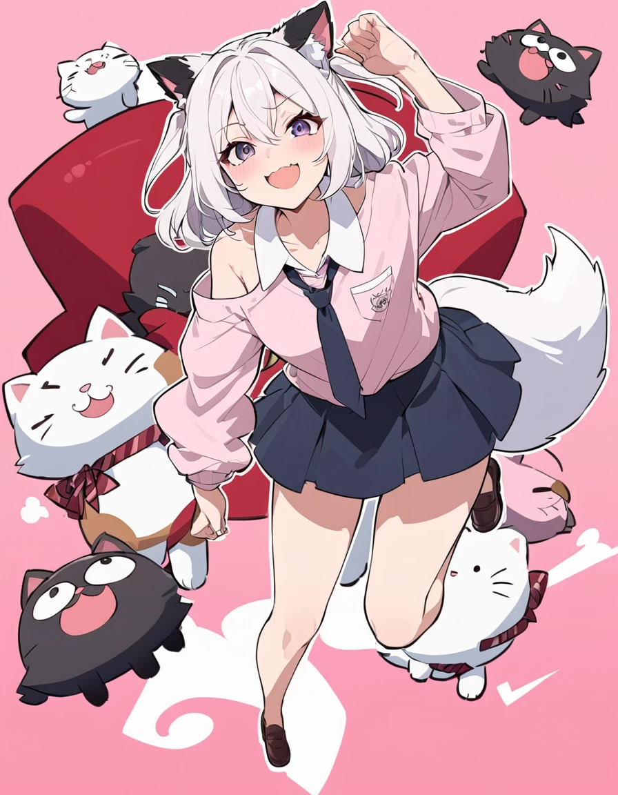 Anime masterpiece, one beautiful catgirl ((neko ears))with long white hair wearing a school dress with big plush cat paw. The girl have loose shirt with loose long necktie, off-shoulder shirts, and cute mini skirt and a fox tail.
She have cute face neko details, a roaring smile, and is in a playful playing pose with cat-like roaring with a pow higher than the other one. The scene in anime style, with pink flat background. Nearly Full body composition