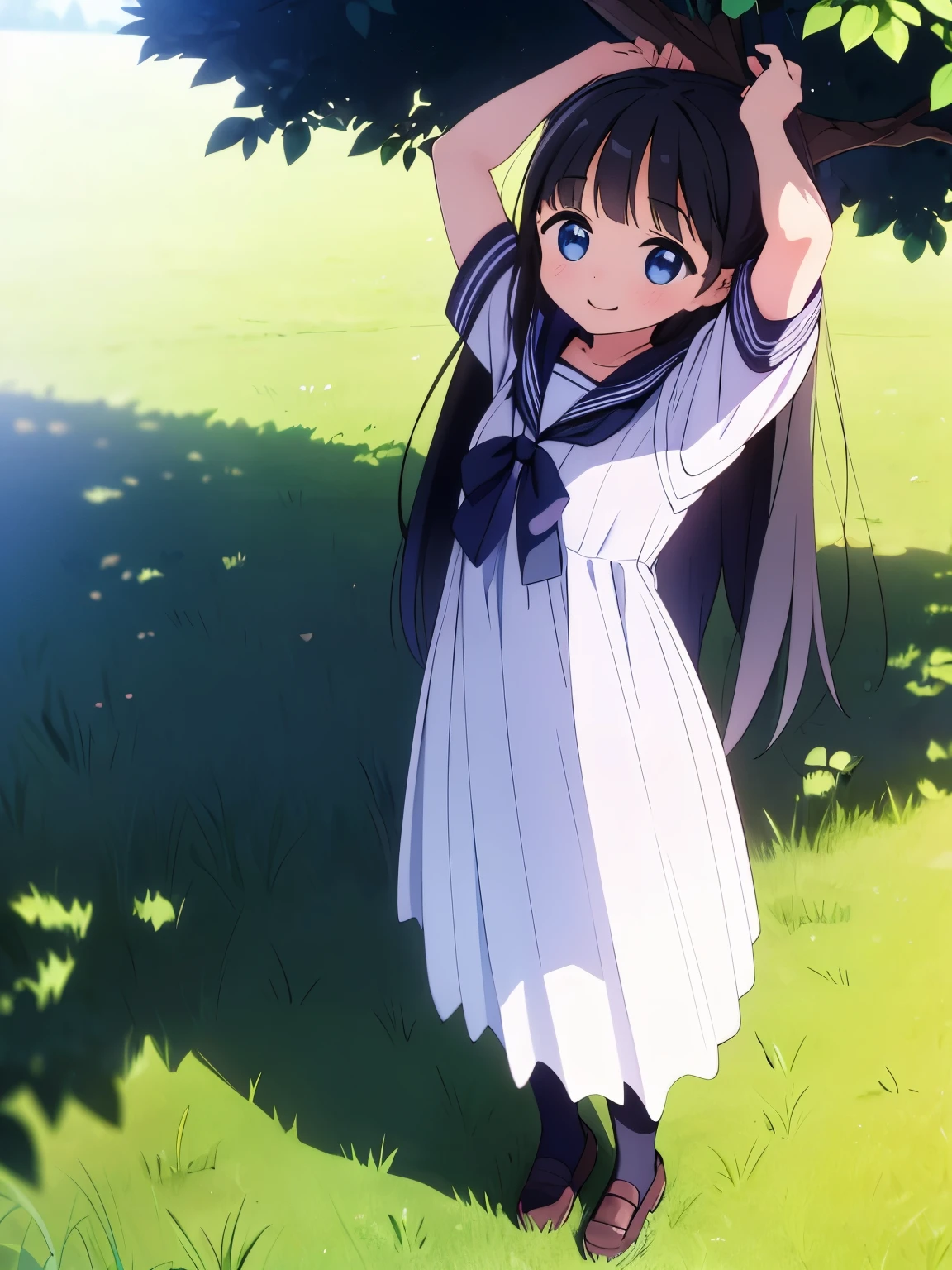 Girl lying in the grass in the shade from under a tree, Long black hair, , Arms above eyes, During a break, ((Wide Shot)), ((Wide-angle)), ((Full body in frame)), Tomorrow Alley、Sailor suit、Five perfect fingers、