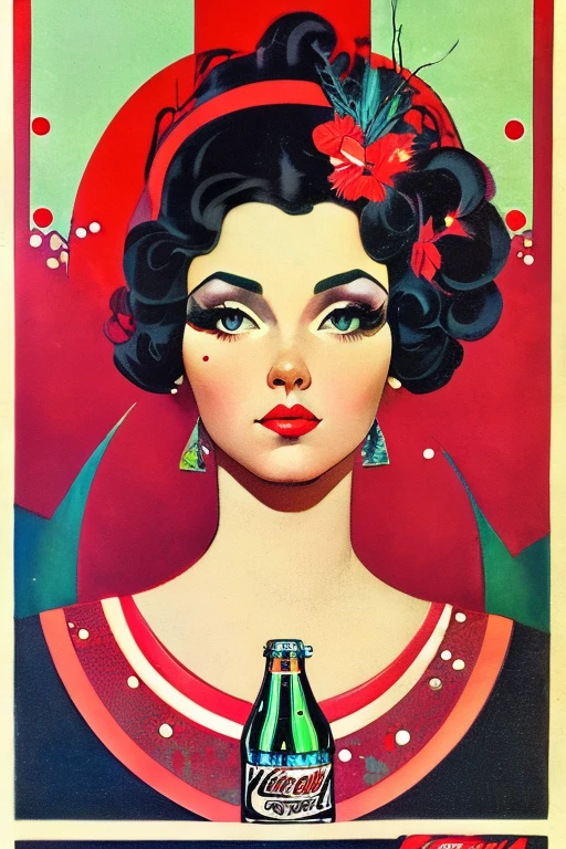 beautiful vintage iconic  monotype printing pop art masterpiece caricatured by  Rockwell, Klimt,  Maxfield Parrish, , pin-up fairy girl explosive  portrait , grunge, chupa chups, coca cola , polka dot dress,   big expressive eyes sunbeams ,   , , artistic, intricated 