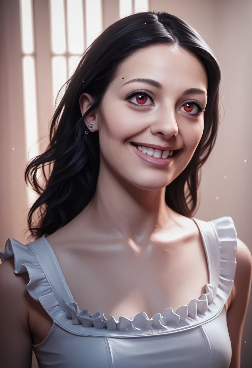 a girl with long black hair, piercing red eyes, looking up, waist-up view, cute, wearing a frilled blouse, smiling, (best quality,4k,8k,highres,masterpiece:1.2),ultra-detailed,(realistic,photorealistic,photo-realistic:1.37),vibrant colors,dramatic lighting,detailed portrait,intricate details,elegant,refined,