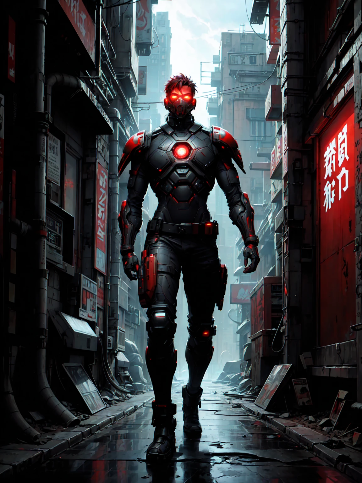 a cyberpunk redshouldered mercenary with glowing red eyes, red cybernetic enhancements, futuristic armor, dangerous and mysterious expression, cinematic lighting, dramatic pose, dark and moody atmosphere, neon city background, highly detailed, digital art, concept art style