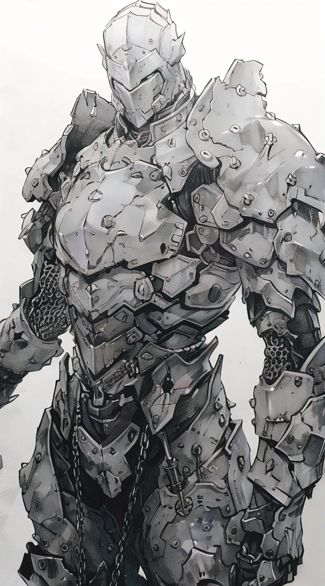 full body picture, anime style line art, heavy ink weight, a Warforged in chain mail armor.