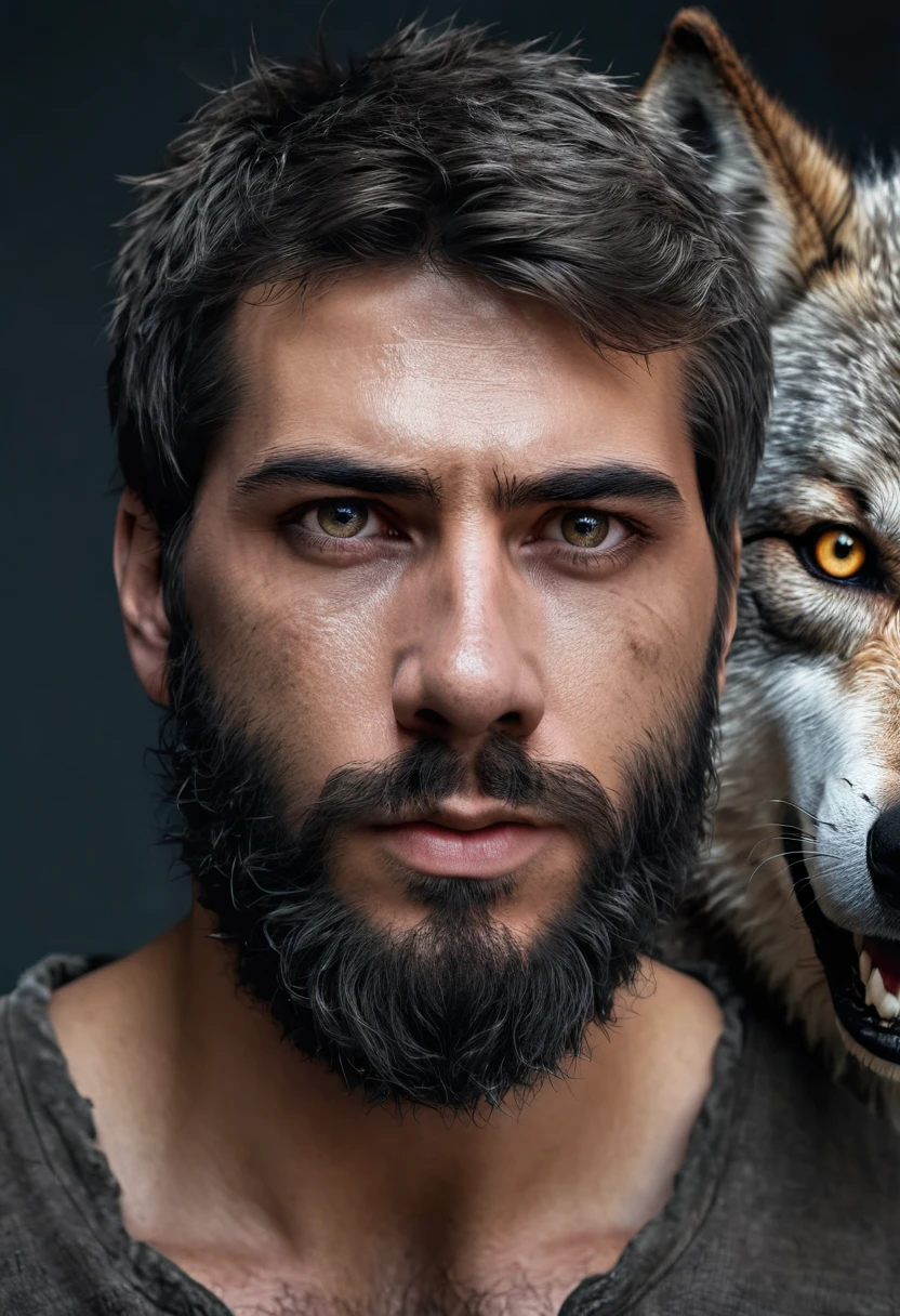 Realistic photograph of a male werewolf with alpha wolf features. Realistic fusion of faces of a bearded human being and an earless wolf.
Image with many details, realistic textures, 4k quality, high quality photography