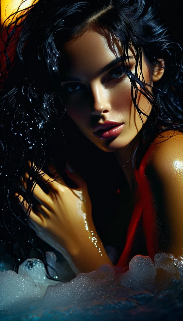 a beautiful woman with long black hair in a bathtub, covered in water,foam, naked, sensual expression, (best quality,4k,8k,highres,masterpiece:1.2),ultra-detailed,(realistic,photorealistic,photo-realistic:1.37),HDR,UHD,studio lighting,ultra-fine painting,sharp focus,physically-based rendering,extreme detail description,professional,vivid colors,bokeh,dark moody lighting,dramatic shadows,chiaroscuro,dramatic lighting,moody atmosphere,cinematic,inspired by Bill Sienkiewicz