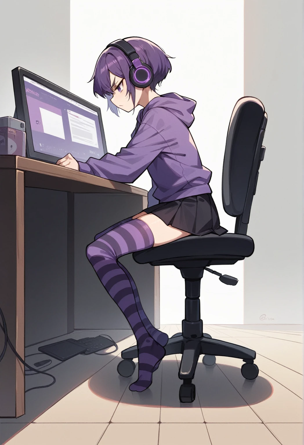 score_9, score_8_up, score_7_up, score_6_up, score_5_up, score_4_up, sideview, sitting on a chair, 20 years old anime girl, purple short hair, purple hoodie, flat chest, black skirt, girl with headphones, girl gaming in front a computer, computer table, grumpy expression, focus on girl, full body, bad back posture, hunched back, Striped high stockings, purple and black striped stockings, bunny ears, bunny tail