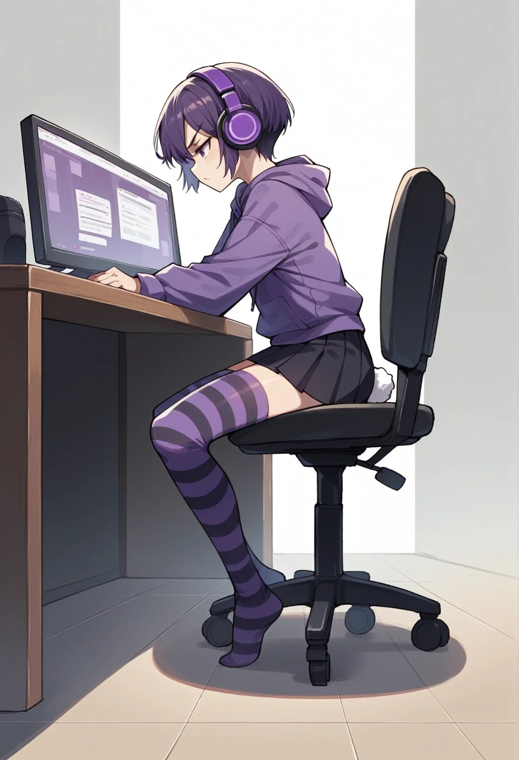 score_9, score_8_up, score_7_up, score_6_up, score_5_up, score_4_up, sideview, sitting on a chair, 20 years old anime girl, purple short hair, purple hoodie, flat chest, black skirt, girl with headphones, girl gaming in front a computer, computer table, grumpy expression, focus on girl, full body, bad back posture, hunched back, Striped high stockings, purple and black striped stockings, bunny ears, bunny tail