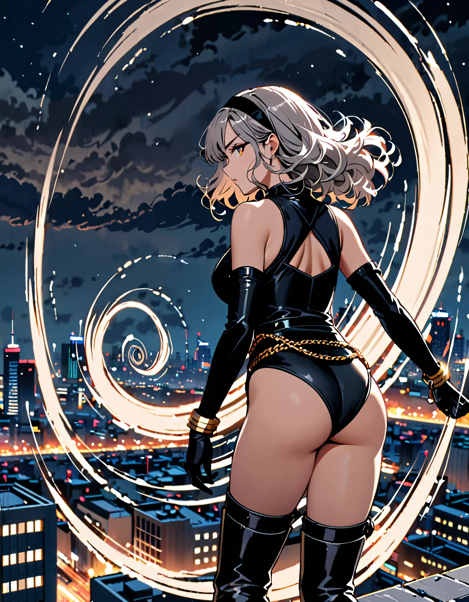 masterpiece, best quality, 1girl, grey hair, shoulder length hair, wavy hair, black hairband, auburn eyes, beautiful detailed eyes, beautiful detailed face, cute face, stoic, professional, ninja, black leotard, black tactical gloves, bare legs, gold bracelets, black thigh-high boots, cityscape, night, noir atmosphere. (back view, rear view), spins in place like a (tornado), spins like a tornado, (she spins) at an incredible speed, creating a whirlwind of air around her, spiral lines around, cyclone winds around, tornado spinning.