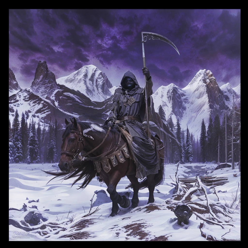 hooded death on horseback with a scythe in the snow, A dark (hooded) figure, with the face of death depicted as a skull, holding an hourglass in his right hand and raising an imposing oz with his left hand, dark fantasy oil painting, cinematic lighting, detailed facial features, detailed clothing, dramatic composition, moody colors, deep shadows, intricate background details, realistic rendering, masterpiece, cinematic lighting, photorealistic, highly detailed, dramatic atmosphere, chiaroscuro, muted color palette, intricate details, mystical and foreboding tone