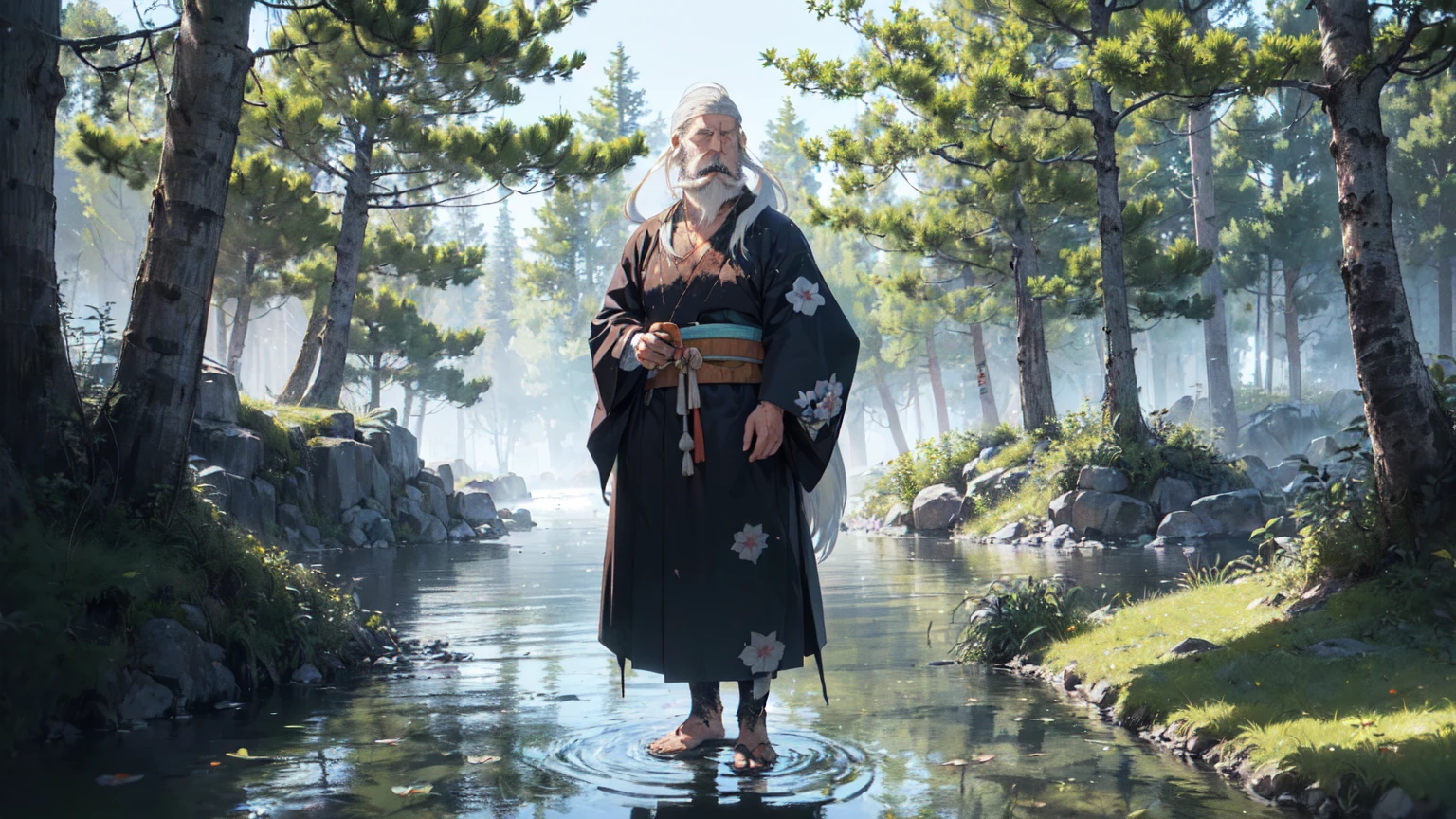 deep forest, (old vagabond, white long beard, white hair, old Tattered simple japanese cloth:1.4), detailed face, closed eyes, standing on lake in forest, full body, panorama view, magnificent view, absurdres, 8k, detailed plants