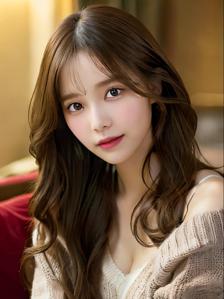 best qualtiy，tmasterpiece，超A high resolution，（realisticlying：1.4），
1girll long curly hair，Rich in detail， shoulder，cleavage，Knitwear， Deep shading， messy room， sit pose， Sitting on an object yoona snsd