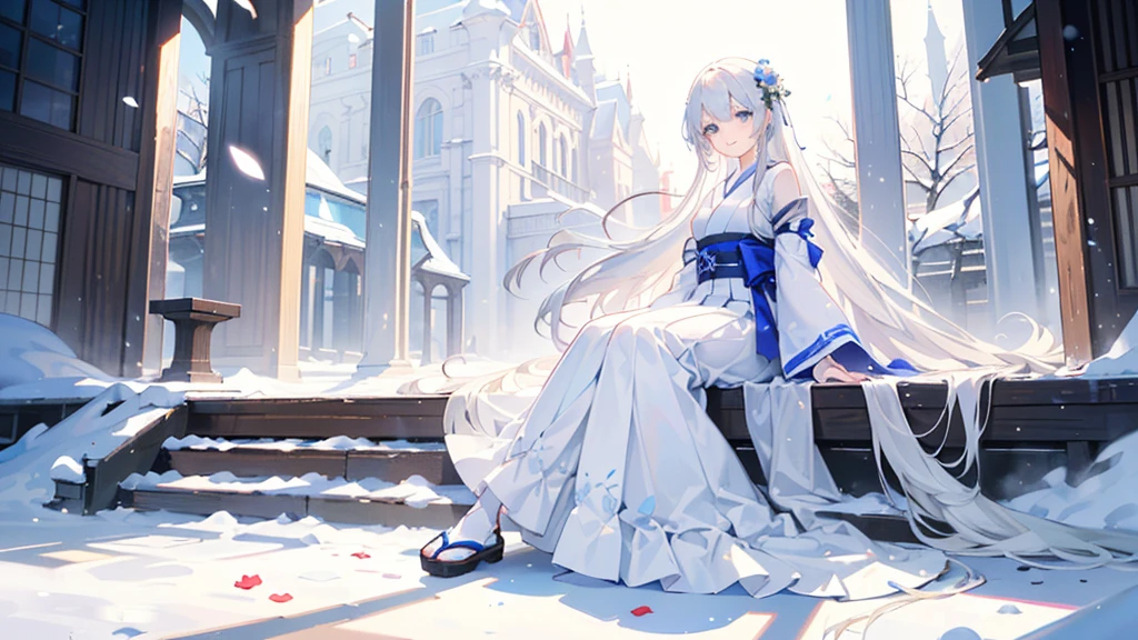((best quality,masterpiece,Extremely complex and exquisite details,There is only one sweet and beautiful girl with long white straight hair and blue eyes,Smile,long skirt)),(Exquisite light blue and white Japanese clothing,Beautiful bright and exquisite snow white ancient style high transparent architectural background),(correct anatomy,exquisite face),(touch flowers,Snow,Falling Flowers,Majestic and elegant outdoors),((Long-distance full body picture of a single person,sitting)),sweet atmosphere