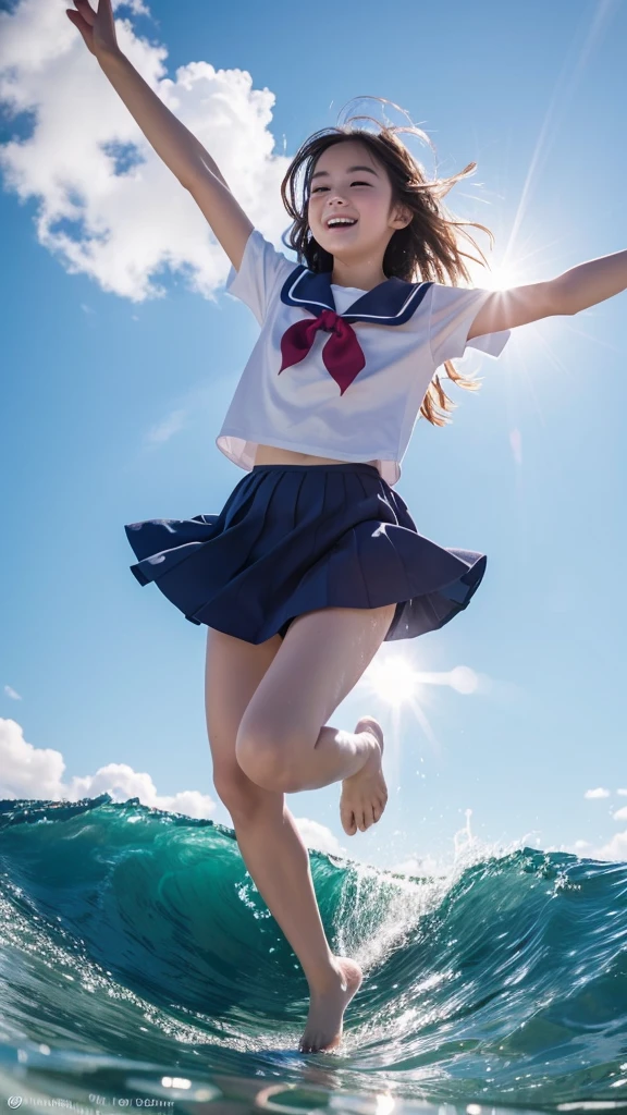 1girl,masterpiece, 12 years old;beautiful girl、8K quality, High definition, realistic pictures, professional writing, There is a woman jumping in the air from underwater to the sky., ((A pose that looks like dancing with the face facing upwards)), face upwards, dance in the air,artistic swimming, jump towards the viewer, jump towards viewer, she is floating in the air, jump into the air, jump on the audience, jump, jump with arms up, floating in the air, floating on the ground, Jump for joy, jump pose, horizontally jump!!!, wearing a sailor suit, high school girl,((Big wave crashing down)), ((Splashes of water splashing from the body)), Clear blue sky and white clouds, Sunlight flares