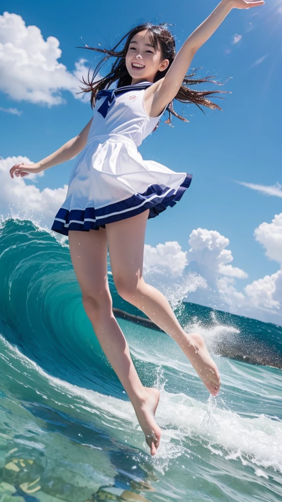 1girl,masterpiece, 12 years old;beautiful girl、8K quality, High definition, realistic pictures, professional writing, There is a woman jumping in the air from underwater to the sky., ((A pose that looks like dancing with the face facing upwards)), face upwards, dance in the air,artistic swimming,  jump towards the viewer, jump towards viewer, she is floating in the air, jump into the air, jump on the audience, jump, jump with arms up, floating in the air, floating on the ground, Jump for joy, jump pose, horizontally jump!!!, wearing a sailor suit, high school girl,((Big wave crashing down)), ((Splashes of water splashing from the body)),  Clear blue sky and white clouds, Sunlight flares