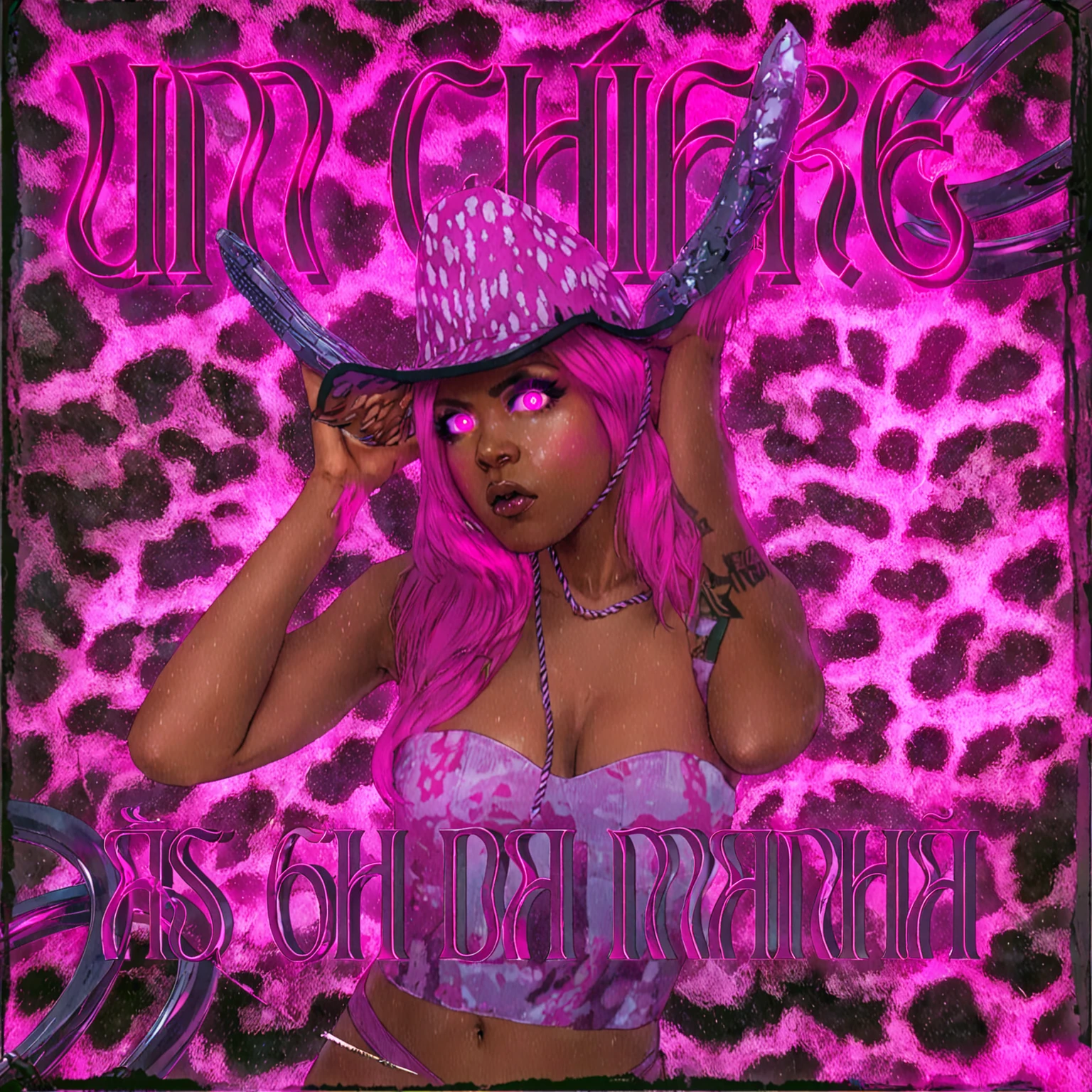 Anime Cyberpunk, a light skin woman wearing pink cyber clothes and a hat with horns, album cover, ultra quality, 8k, cinematic scene, cyberpunk afro, pink hair and eyes, neon eyes