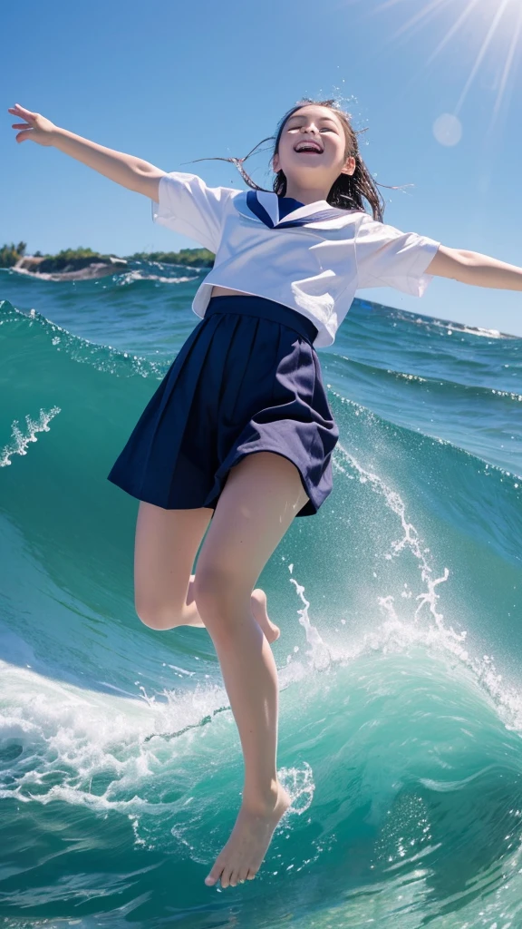 1girl,masterpiece, 12 years old;beautiful girl、8K quality, High definition, realistic pictures, professional writing, There is a woman jumping in the air from underwater to the sky., ((A pose that looks like dancing with the face facing upwards)), face upwards, dance in the air,artistic swimming, jump towards the viewer, jump towards viewer, she is floating in the air, jump into the air, jump on the audience, jump, jump with arms up, floating in the air, floating on the ground, Jump for joy, jump pose, horizontally jump!!!, wearing a sailor suit, high school girl,((Big wave crashing down)), ((Splashes of water splashing from the body)), Clear blue sky and white clouds, Sunlight flares