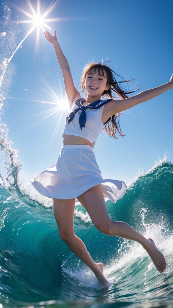 1girl,masterpiece, 12 years old;beautiful girl、8K quality, High definition, realistic pictures, professional writing, There is a woman jumping in the air from underwater to the sky., ((A pose that looks like dancing with the face facing upwards)), face upwards, dance in the air,artistic swimming, jump towards the viewer, jump towards viewer, she is floating in the air, jump into the air, jump on the audience, jump, jump with arms up, floating in the air, floating on the ground, Jump for joy, jump pose, horizontally jump!!!, wearing a sailor suit, high school girl,((Big wave crashing down)), ((Splashes of water splashing from the body)), Clear blue sky and white clouds, Sunlight flares