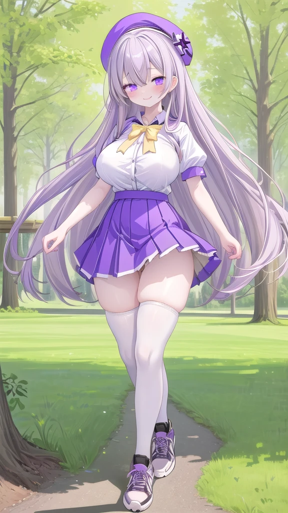 ((Best Quality)), ((Masterpiece)), (detailed), 1 girl, white button-down t-shirt, purple skirt, high brown stockings, black high-heeled sneakers, Pastel yellow hair, long hair, hair covers one eye, purple eyes, tight, big breasts, big thighs, expression smiling shy, walking in a park