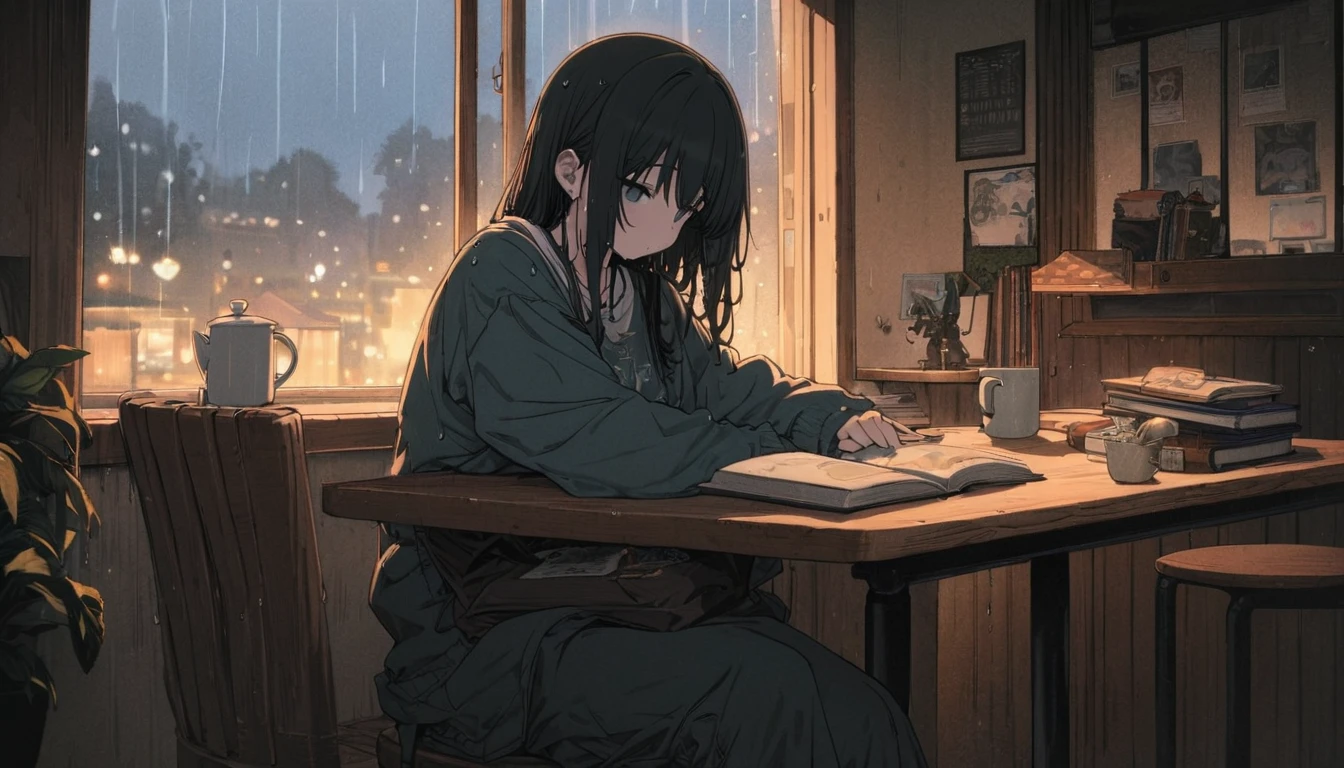 ((anime:1.4,figure)),(masterpiece, Highest quality, Highest quality),(Super detailed, The absolute solution),((16K, High resolution)), (((Cozy café interior, Wet day, Comfortable chair, Book, soft, Large window with raindrops, A cup of steaming coffee on a table, Warm indirect lighting creates a calm atmosphere))), ((anime:1.4, figure)),(masterpiece, Highest quality, Highest quality),(Super detailed, The absolute solution),((16K, High resolution)) break {Lofi Art, Laurie Griesley's style, Makoto Shinkai's Style, anime aesthetic}, break { (Generates images with over 40 million pixels of information with the detailed texture of films shot with Sony SLR cameras。).}